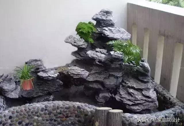 阳台角落鱼池假山流水景观制作,庭院假山鱼池景观设计效果图