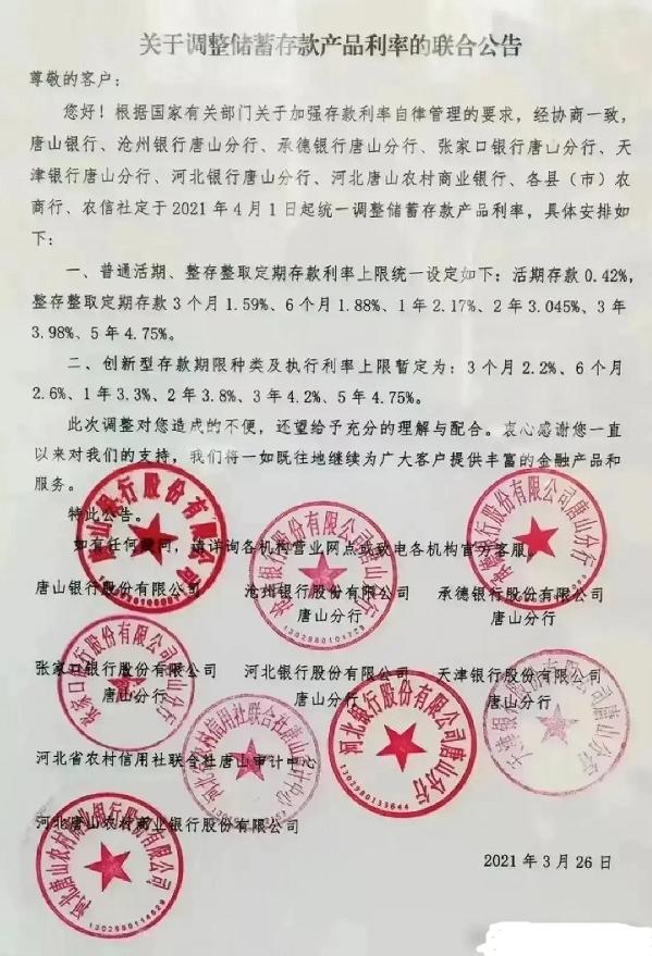 河北最新各大银行存款利率表,2021年唐山银行定期存款利率