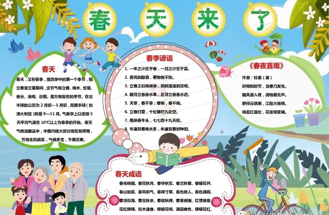 关于春天诗句的手抄报四年级,春天四字成语手抄报和古诗
