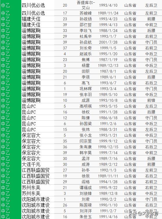 2020中国足球队员40强名单,山东中国足球队球员名单