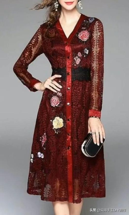 蕾丝镂空花连衣裙制作款式,钩花镂空蕾丝拼接连衣裙