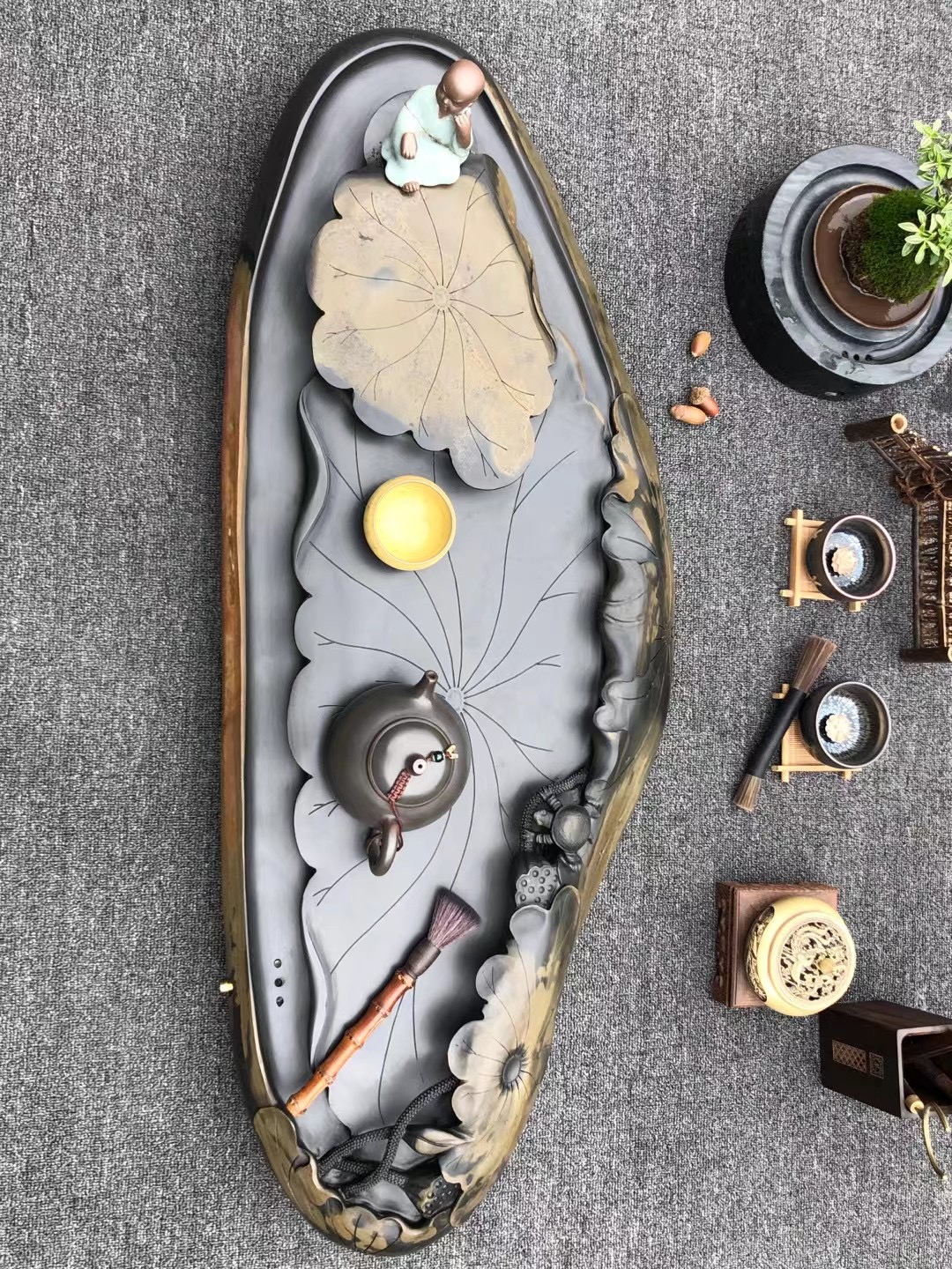 石头茶盘雕刻设计图片欣赏,大理石荷叶茶台雕刻