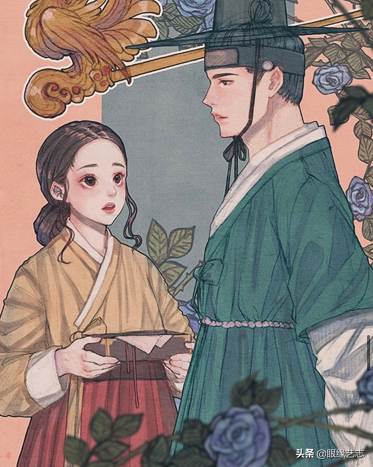 韩式穆夏风插画,韩国传统服饰插画