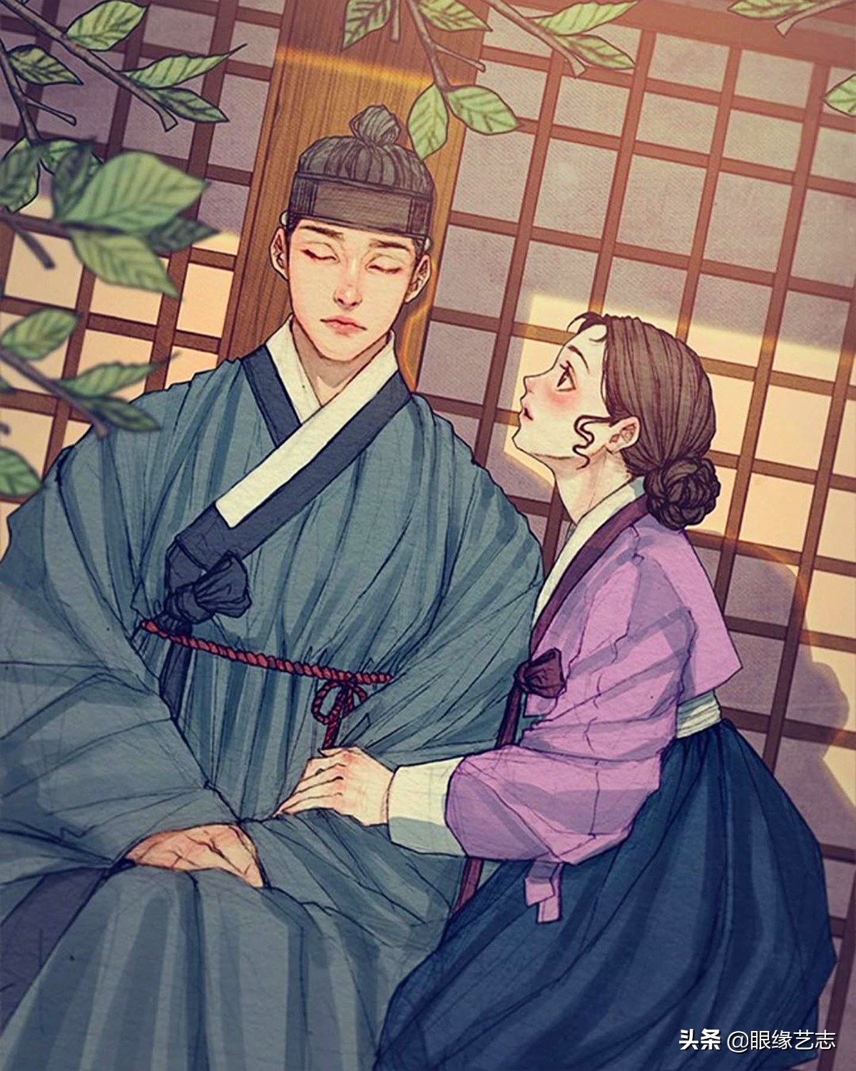 韩式穆夏风插画,韩国传统服饰插画