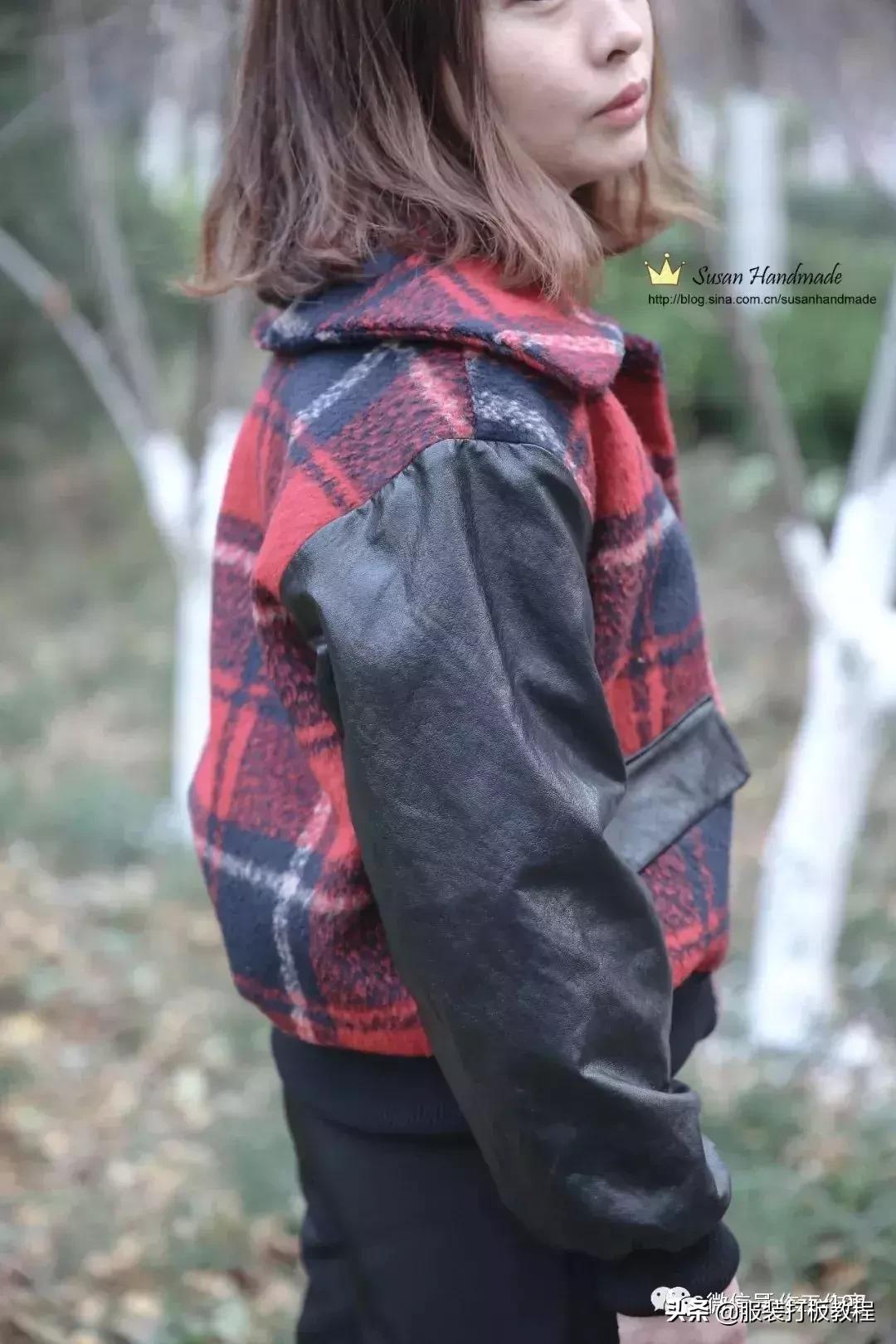 pu拼接呢外套,呢子拼接短款裁剪视频