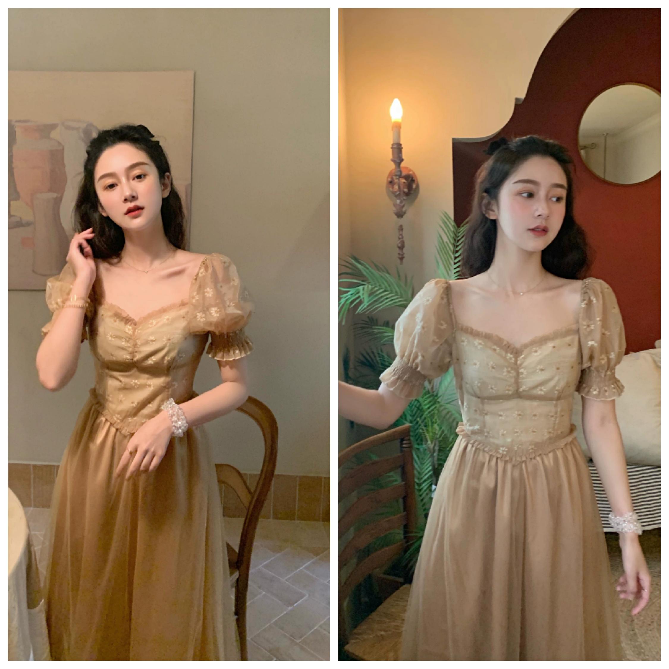 迪士尼联名甜美泡泡袖公主连衣裙,迪士尼泡泡袖连衣裙白色