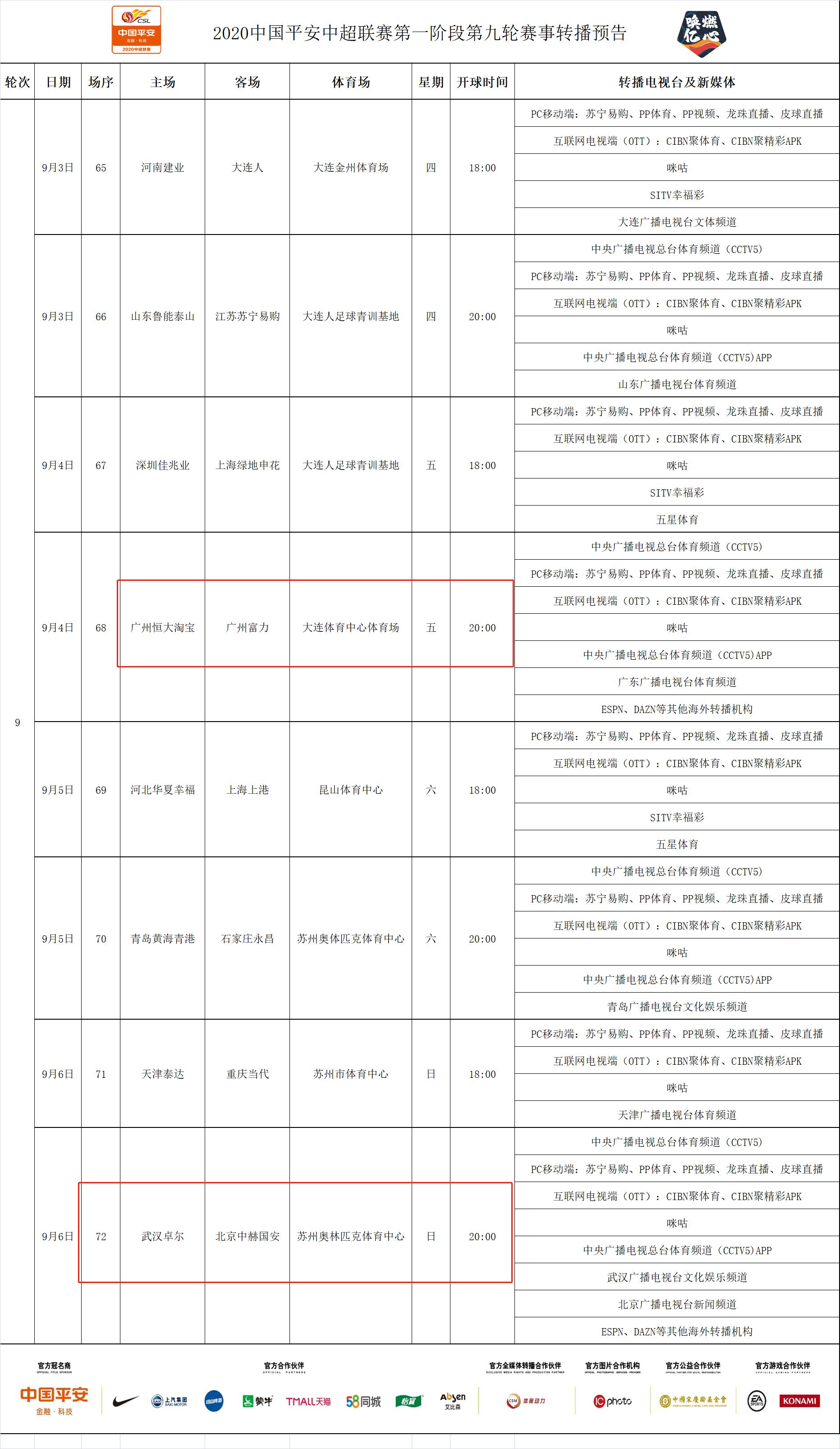 2020中超第十轮全球直播哪场,第九轮中超对阵直播