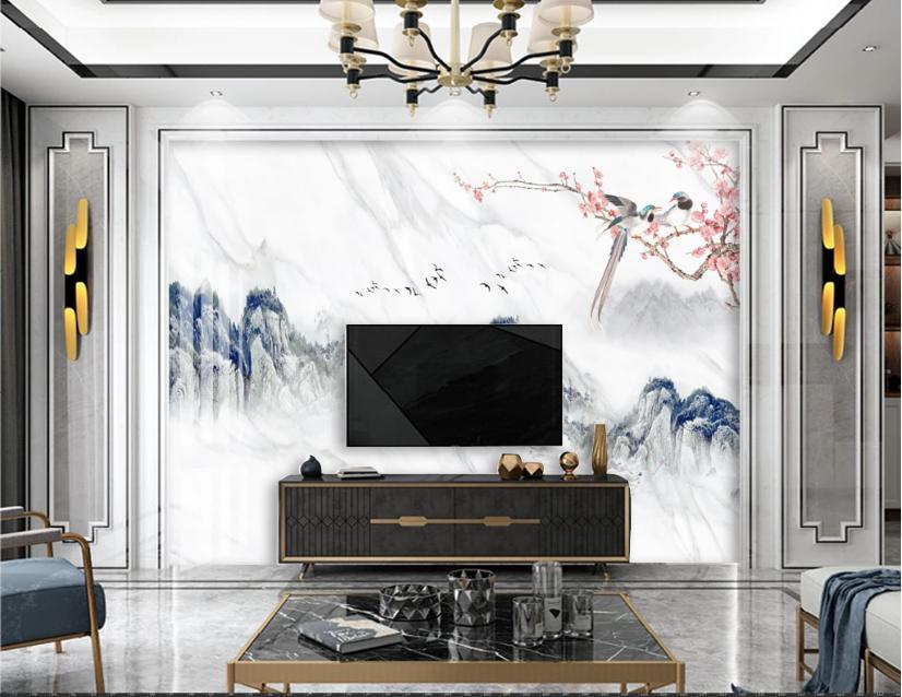 新中式石材背景墙效果图,新中式灰色瓷砖乳胶漆电视背景墙