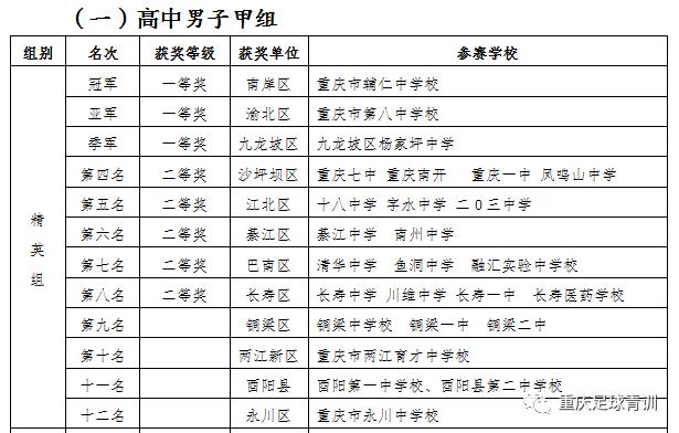 2017年重庆校园足球总决赛,重庆市校园足球总决赛乙组