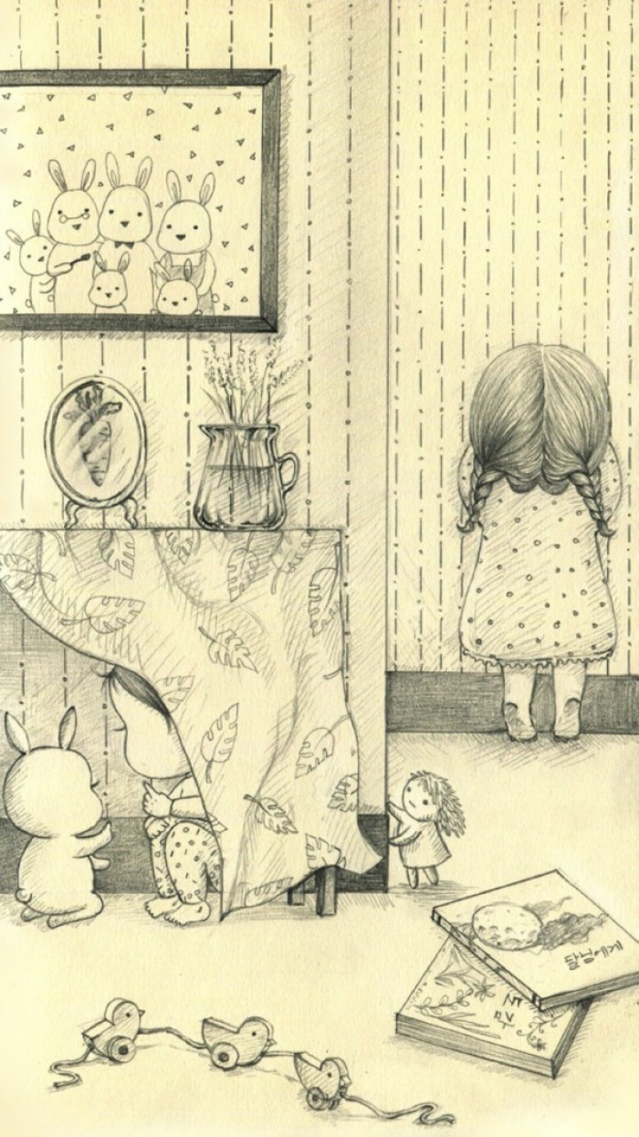 少女与兔子插画,兔子手绘创意插画