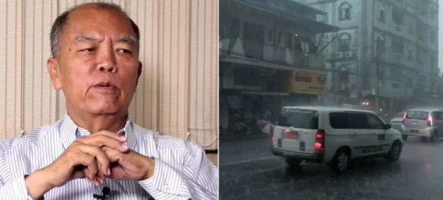 仰光雷雨，积水没过大腿，不少车子在水中“游”