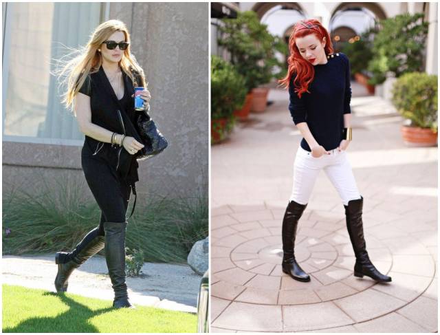 烟灰色牛仔裤怎么搭过膝靴,小香风皮毛外套搭配牛仔裤过膝靴