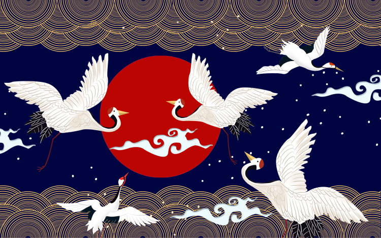 创意新中国风国潮故宫祥云仙白鹤电视背景墙海报展板PSD设计素材