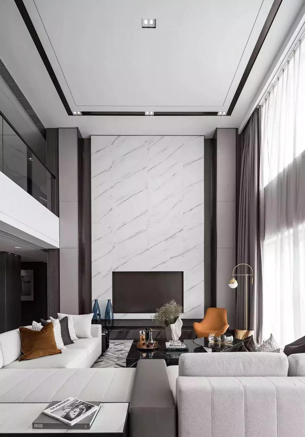 轻奢新中式挑空客厅效果图,挑空客厅极简设计案例