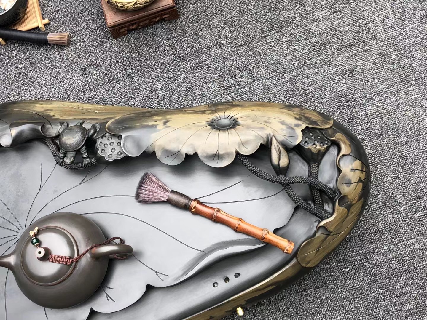 石头茶盘雕刻设计图片欣赏,大理石荷叶茶台雕刻