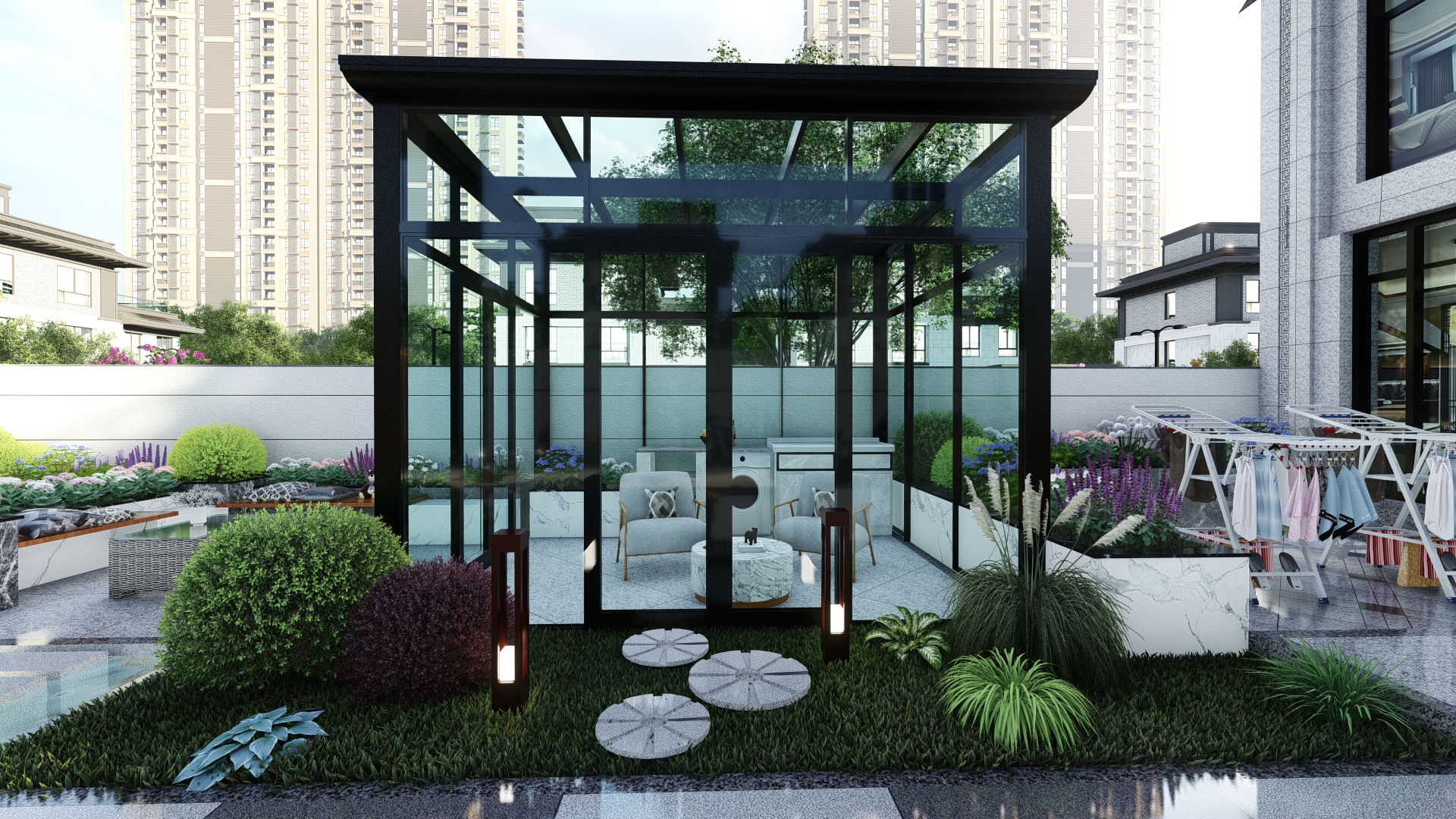 长方形露台阳光房怎么设计,40平现代庭院阳光房设计