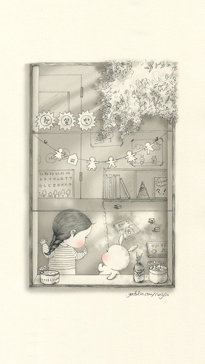 少女与兔子插画,兔子手绘创意插画