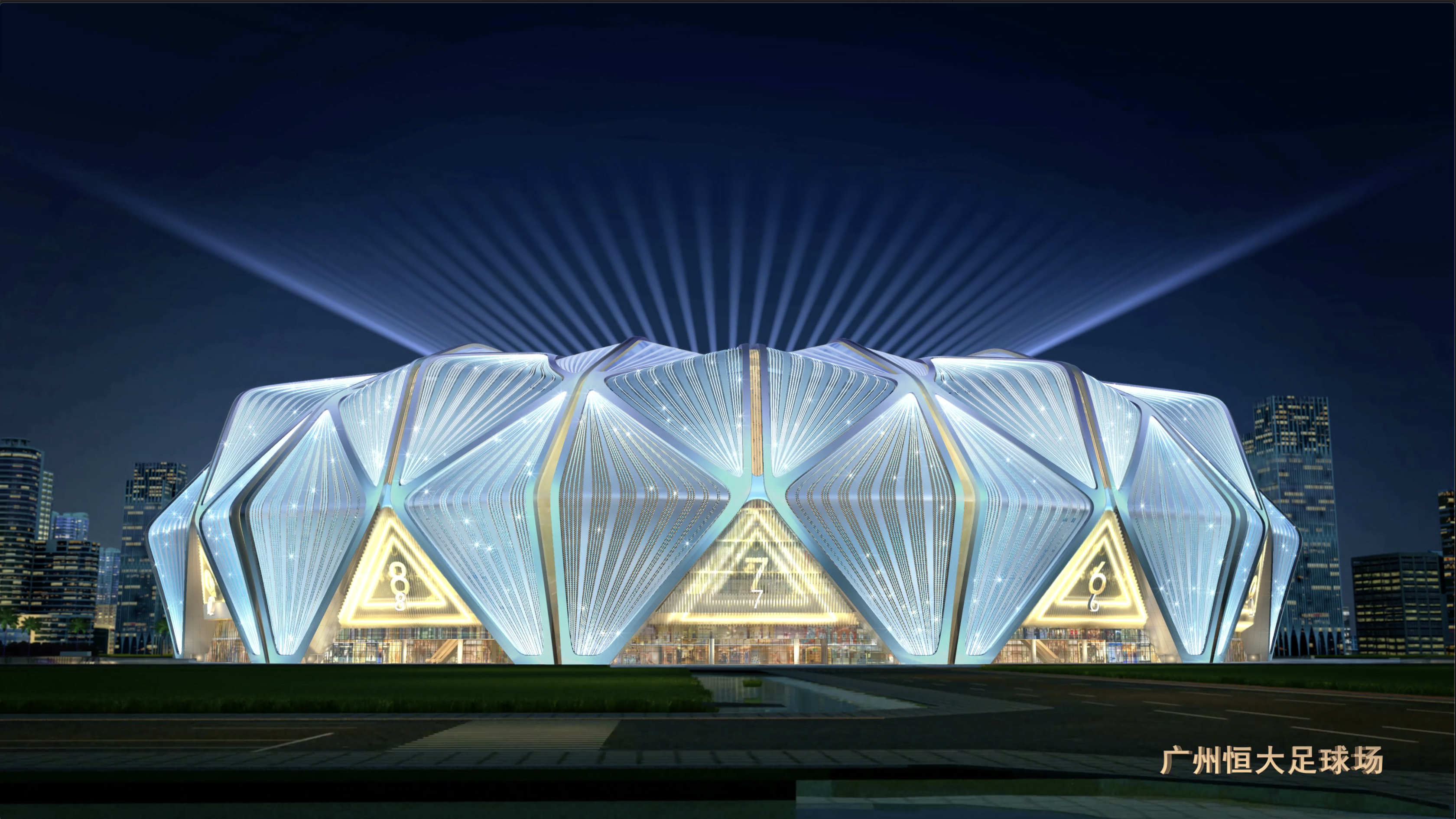 恒大十万人球场灯光效果,恒大新球场效果图与旧效果图