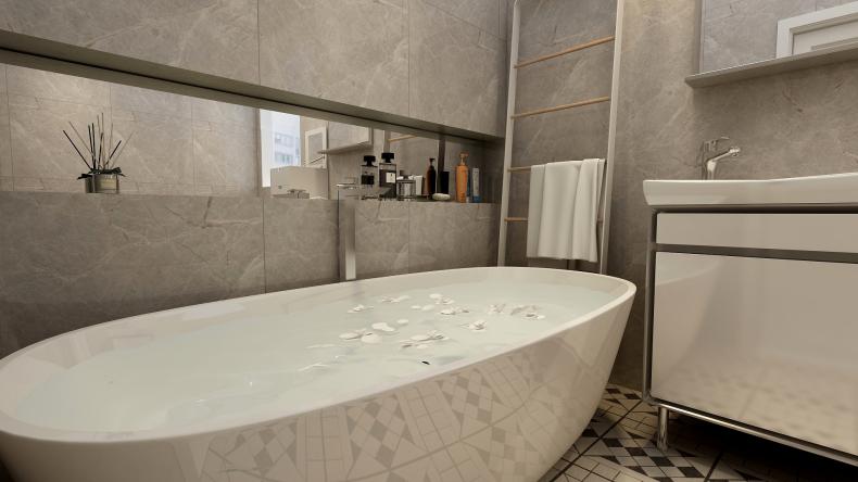 卫生间装浴缸的效果图干湿分离,带浴缸汗蒸房的豪华卫生间设计
