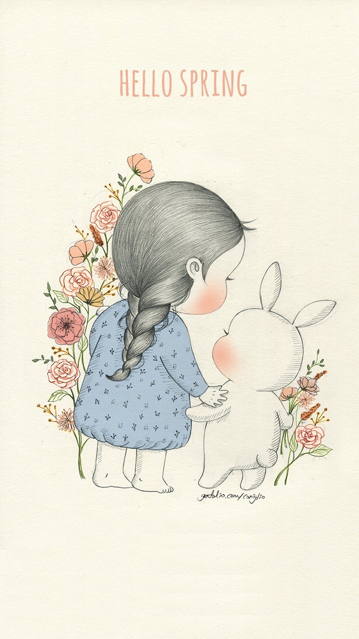 少女与兔子插画,兔子手绘创意插画
