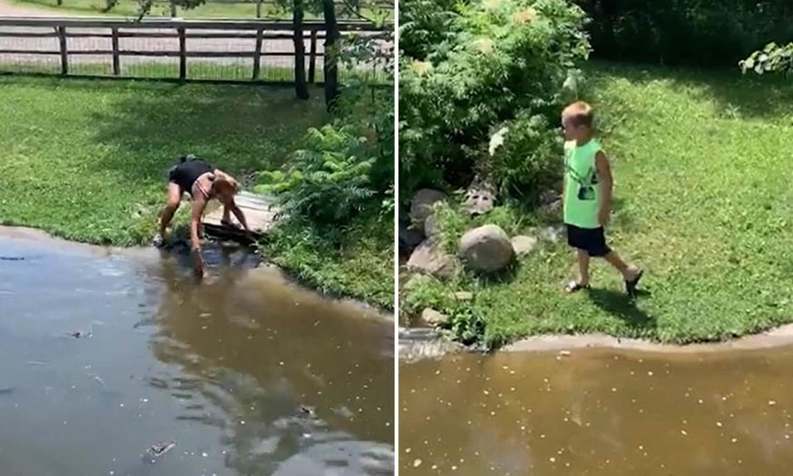 钱包掉水里,美国猛妈带年幼儿闯入鳄鱼池捞包,被十几条鳄鱼包围