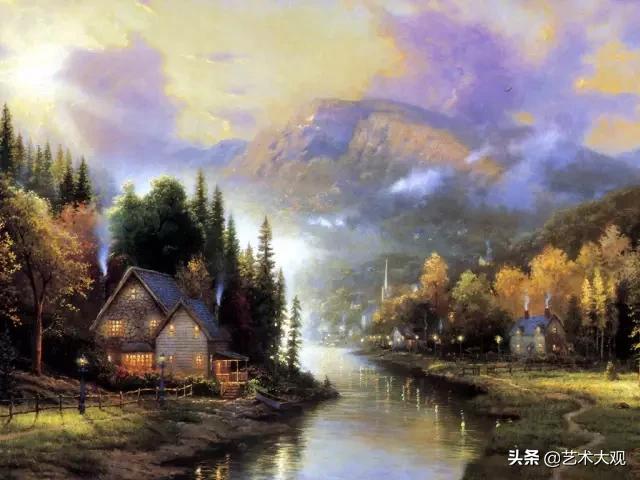 美式欧式田园风光油画,童话里的小屋子绘画