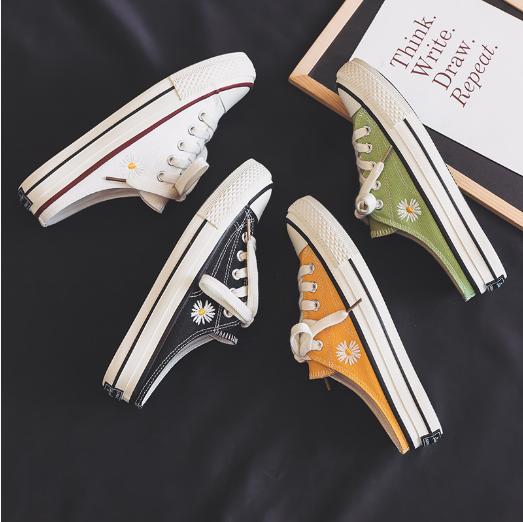 厚底板鞋秋季透气休闲帆布鞋,百搭小雏菊帆布鞋