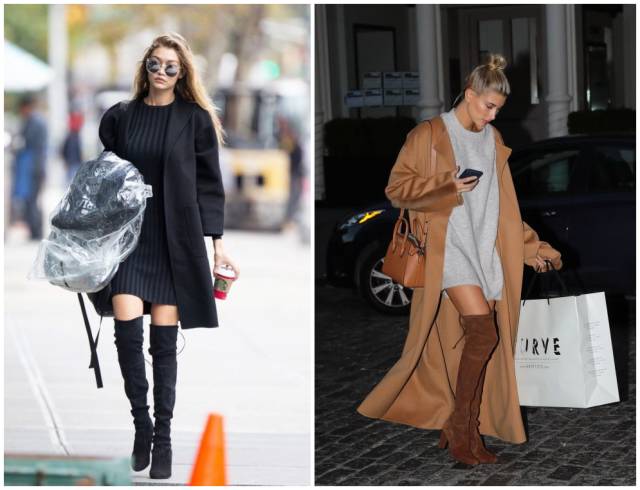 烟灰色牛仔裤怎么搭过膝靴,小香风皮毛外套搭配牛仔裤过膝靴