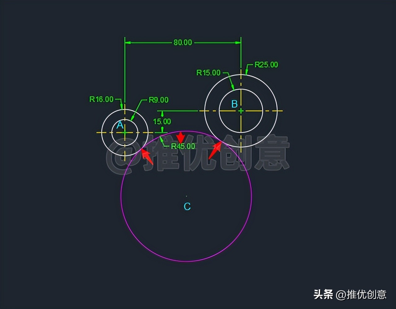 autocad内切和外切圆画法,内切相减外切相加