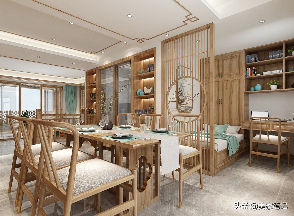 别墅新中式原木色禅意茶室背景,新中式原木色禅意风格装修效果图