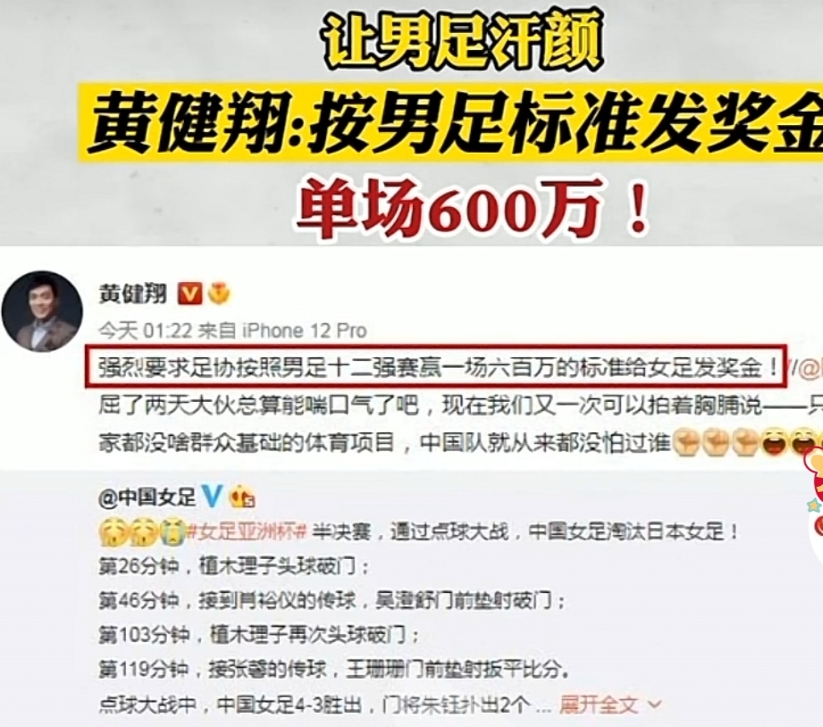 女足冠军640万,男足12强赛赢球就有600万,黄健翔喊话要平等待遇