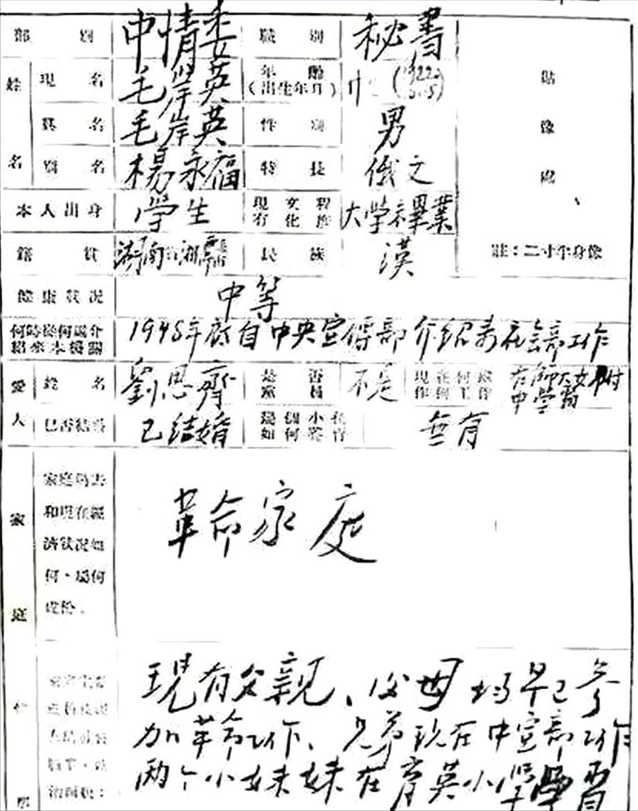 罕见！毛岸英亲自填写的履历表，满满的感动，字迹有“毛体”笔意