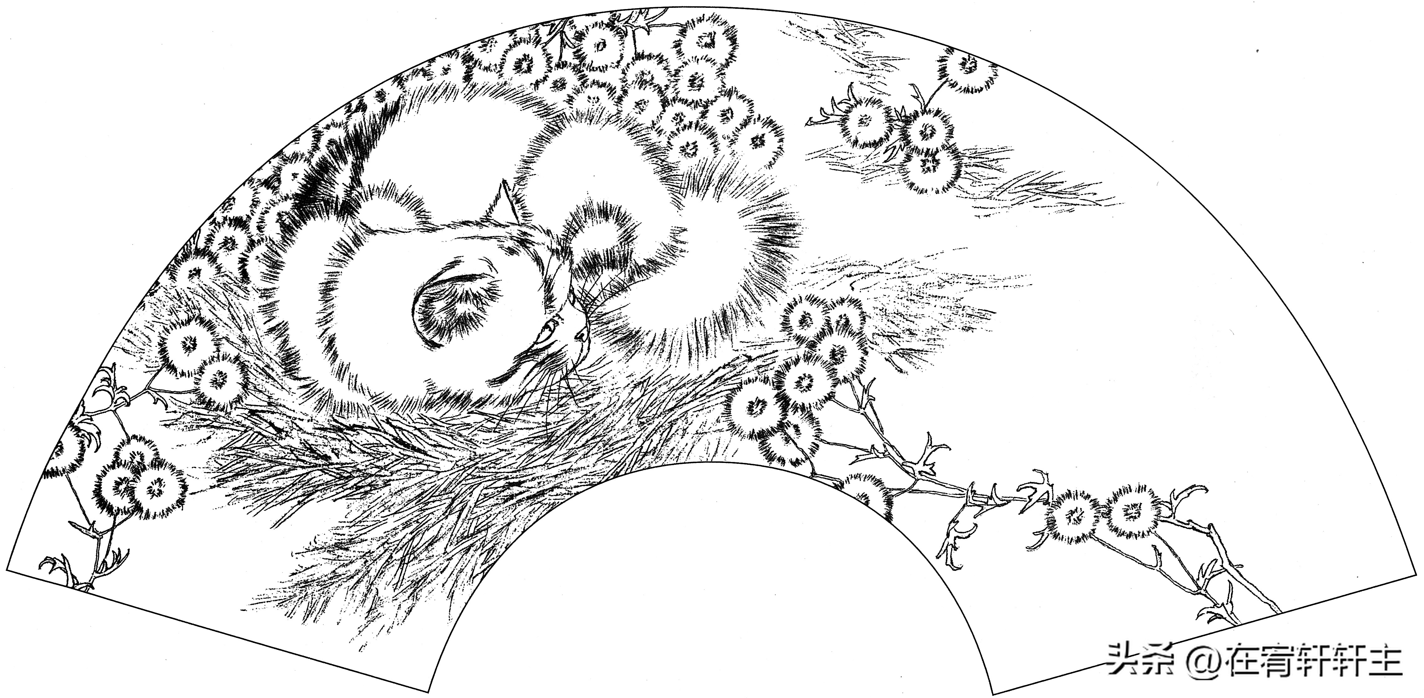 工笔白描祥云图案扇面,工笔扇面葡萄白描图片