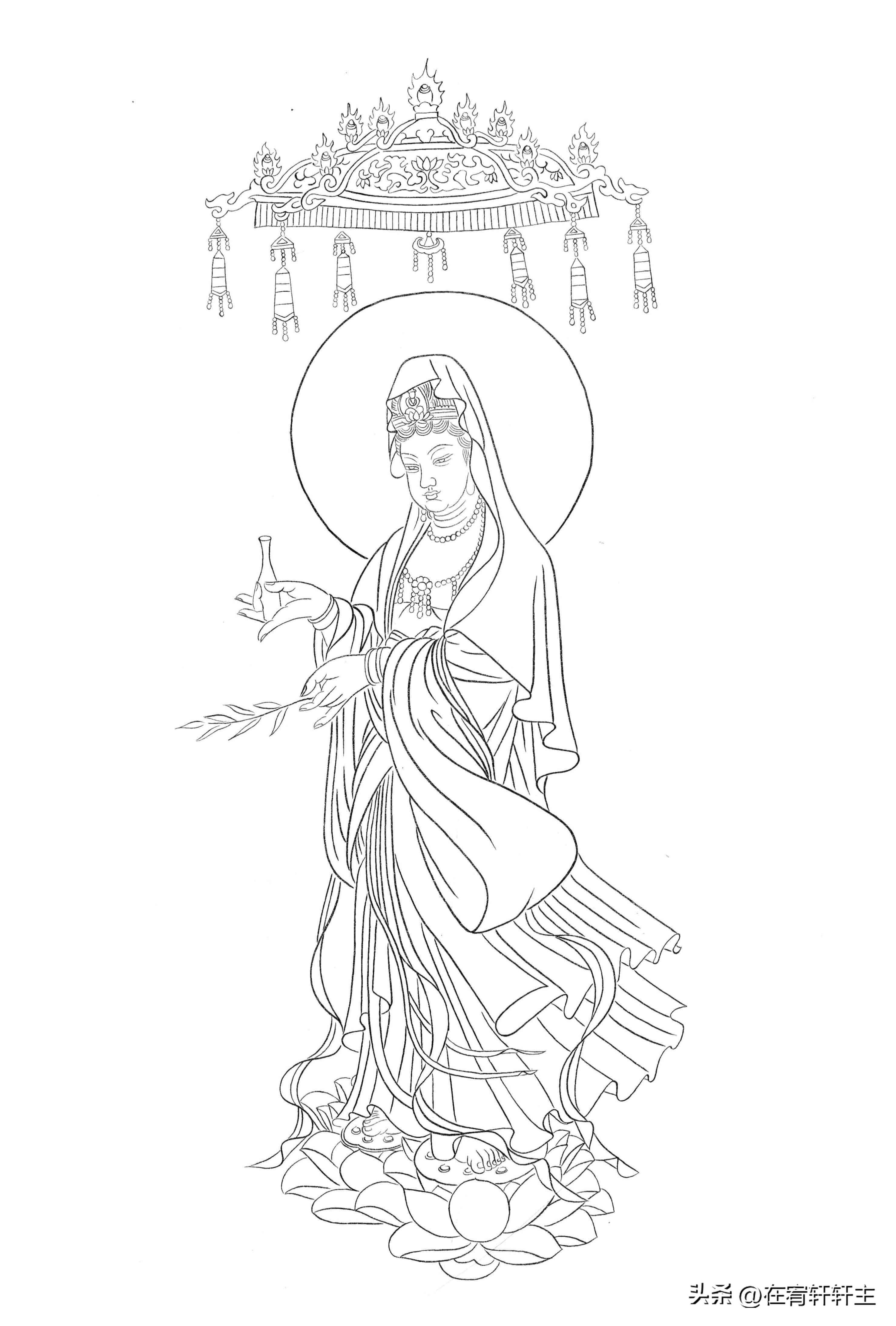工笔白描观音苏柏斗,工笔画国画白描观音
