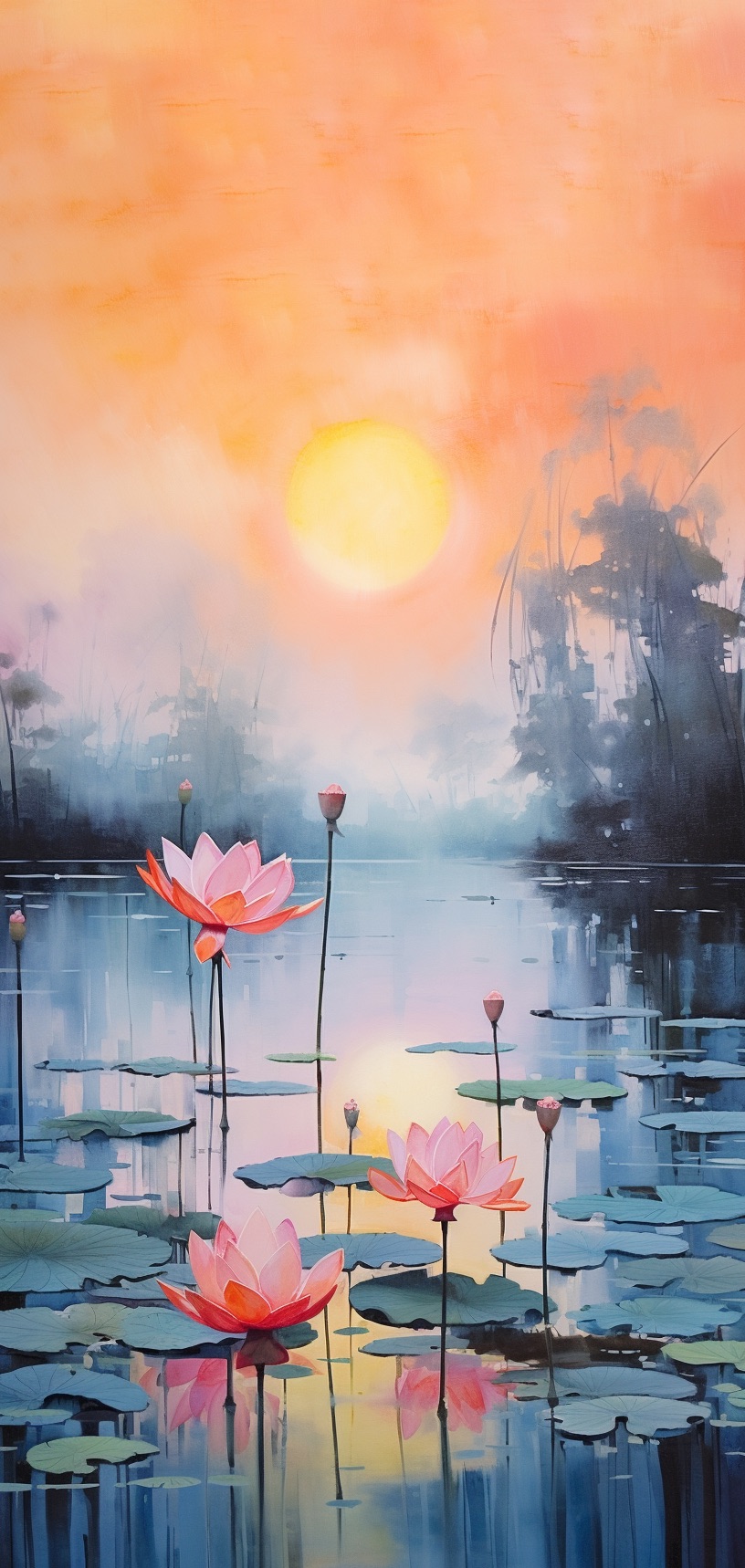 荷塘月色绝美油画,禅意荷塘油画