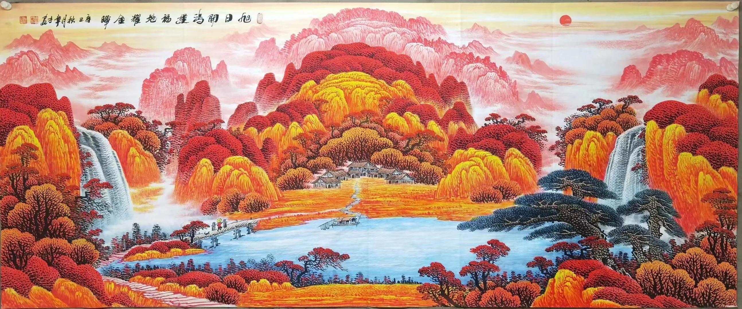 周章才聚宝盆山水画,三幅沙发背景聚宝盆山水画