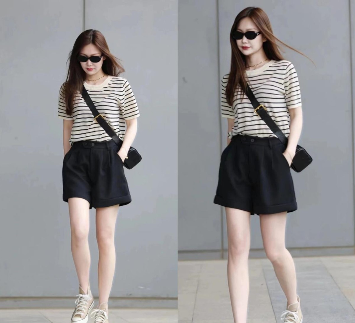 比较高级的夏季条纹典型穿衣搭配,夏天短款条纹衫搭配