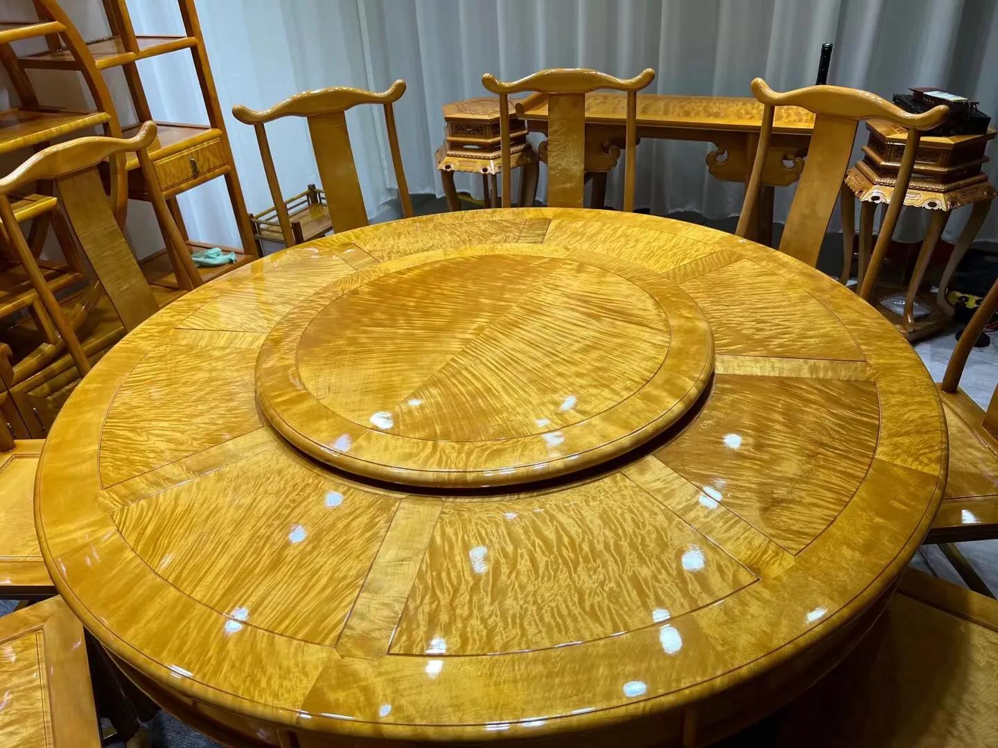 金丝楠木圆形餐桌7件套,金丝楠木圆餐桌水波纹