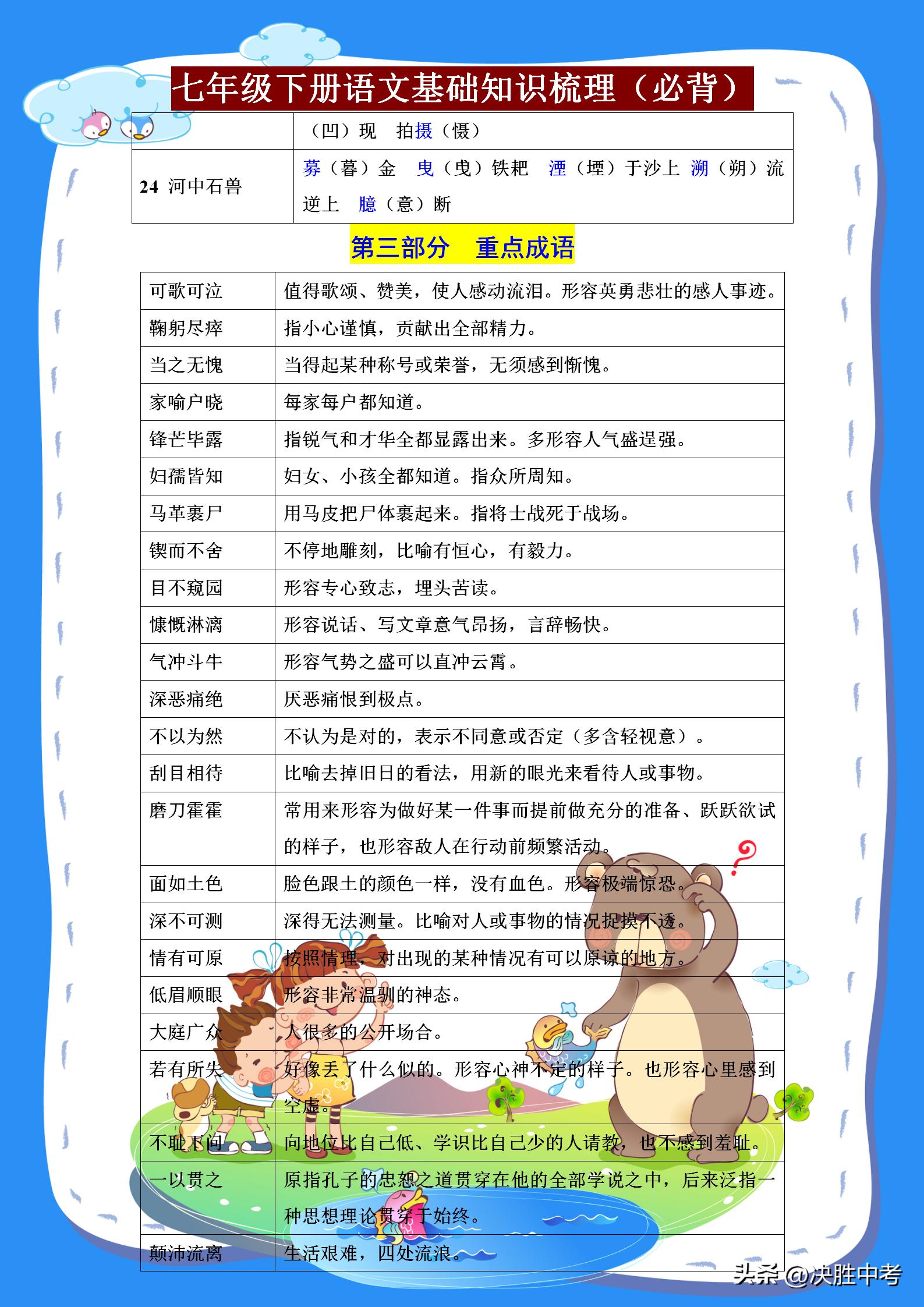 七年级语文期末复习重点归纳,七年级下学期语文期末必考知识点