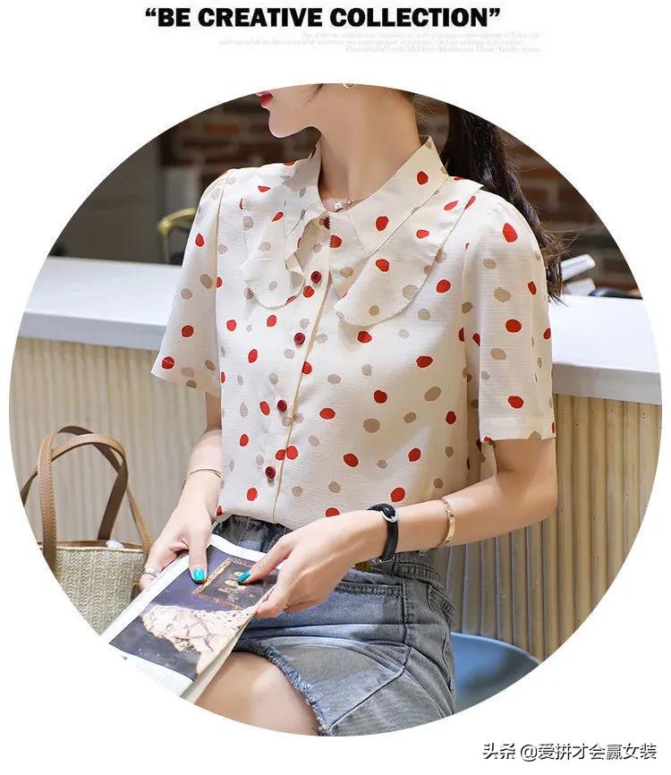 波点短袖衬衫飘带女款2022款时尚,雪纺衬衫女春季新款韩版宽松显瘦