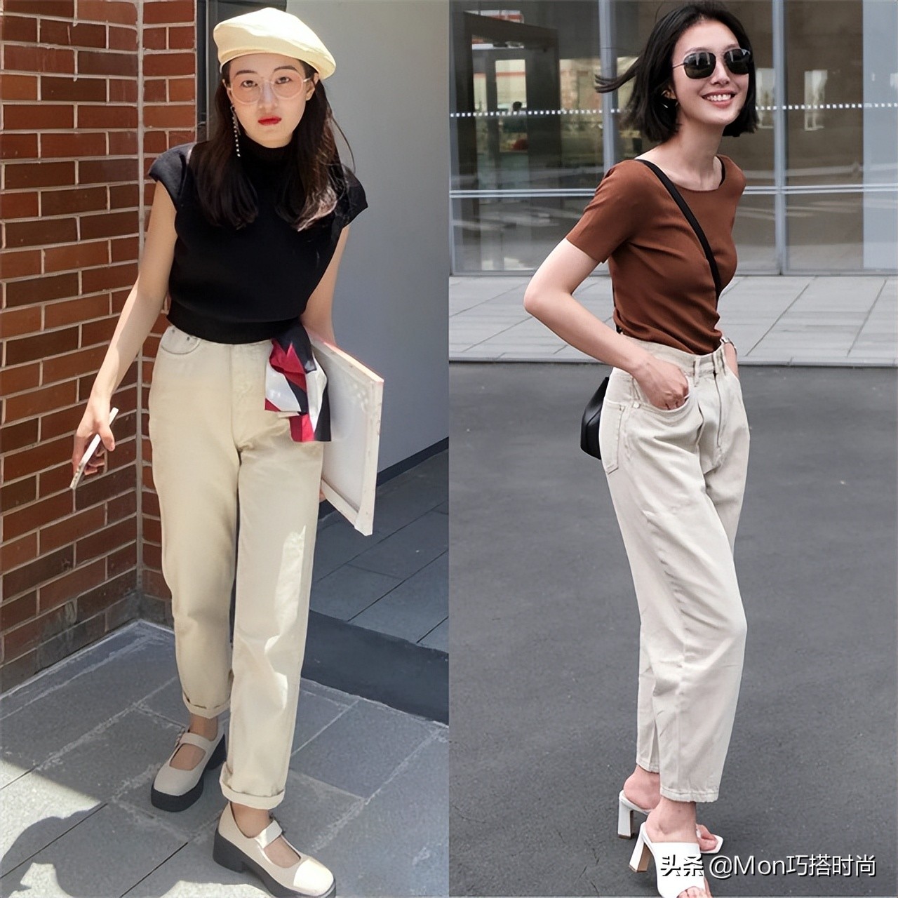 黄杏色裤子秋冬穿搭,春秋黑色显瘦微喇小黑裤穿搭