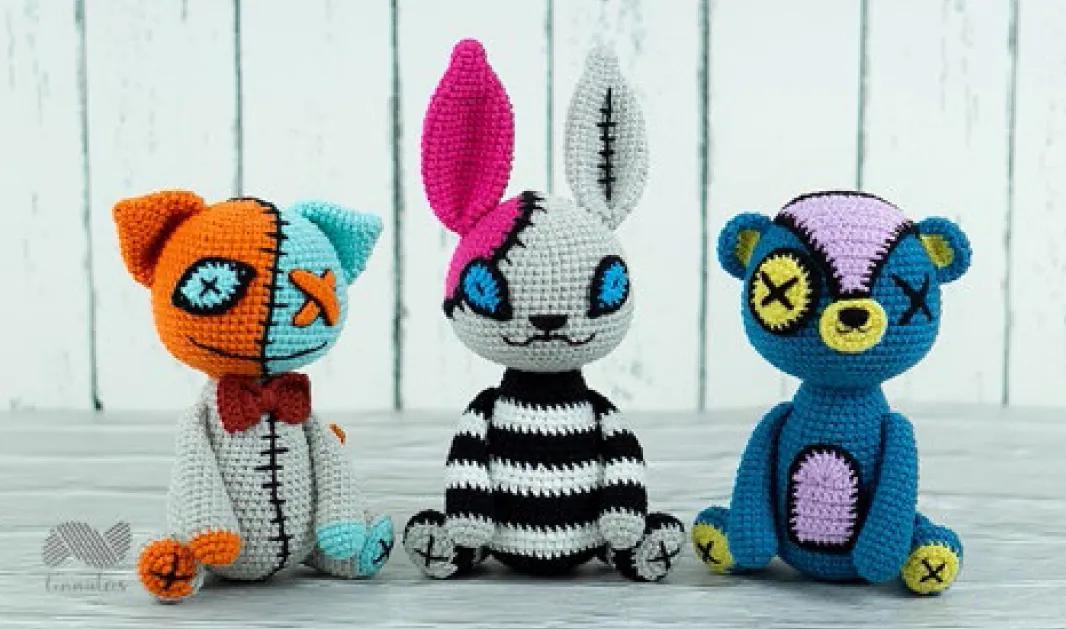 万圣节补丁娃娃3款，补丁熊、猫和兔，全员搞怪萌，附钩针图解