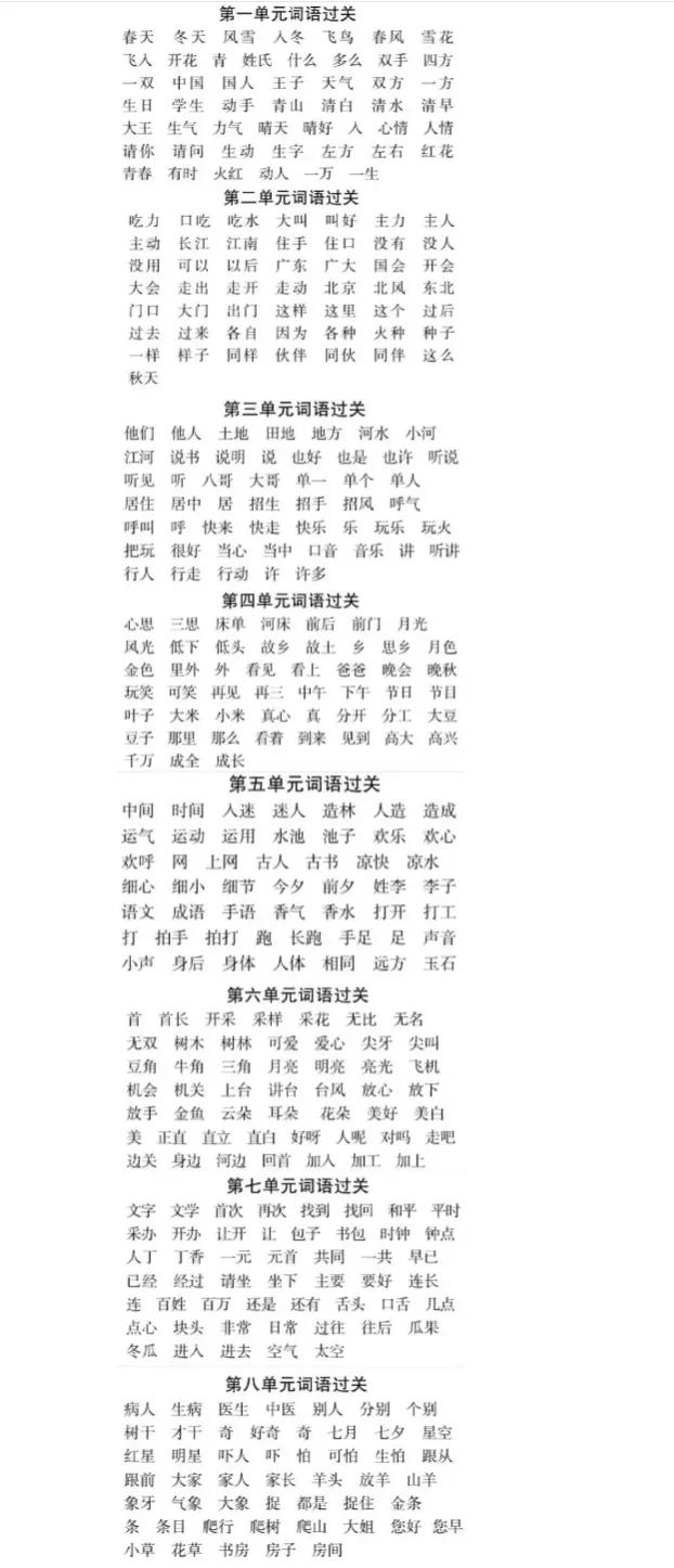 一年级下册语文生字词语表大全,一年级语文下册每单元词语过关