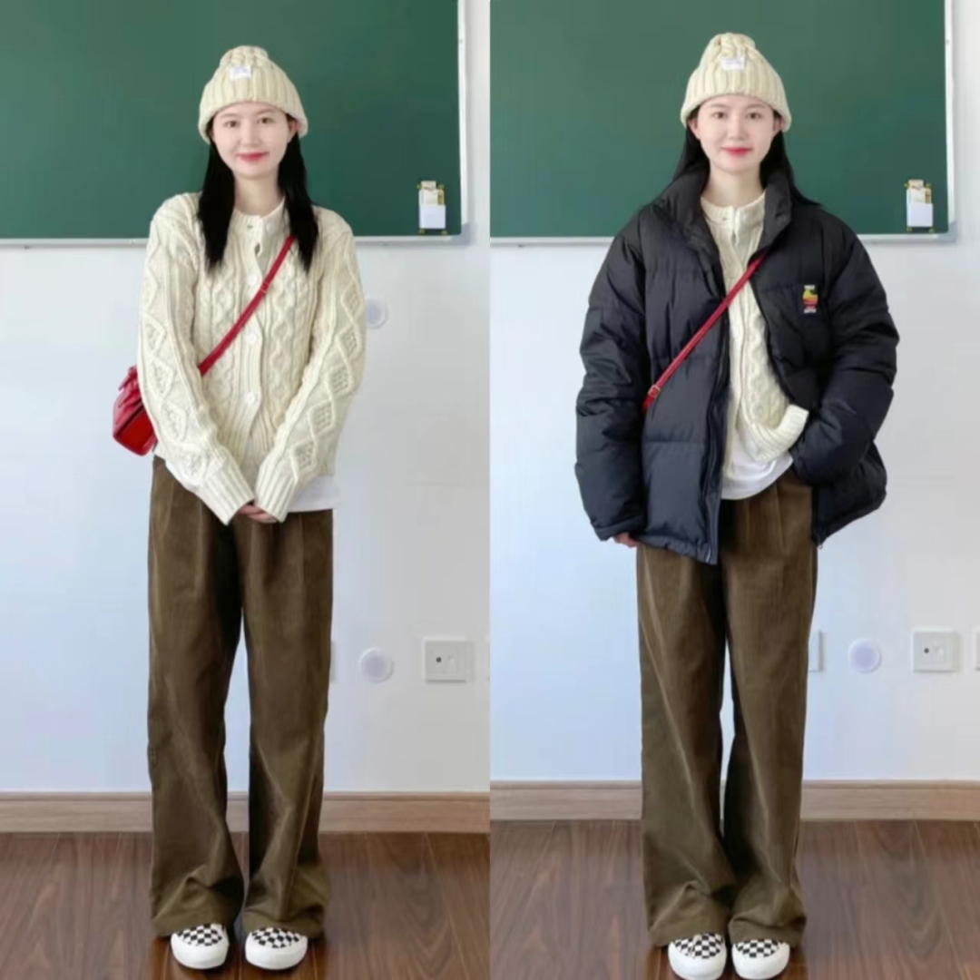 19冬羽绒服穿搭,韩款黑色羽绒服搭棕色长靴