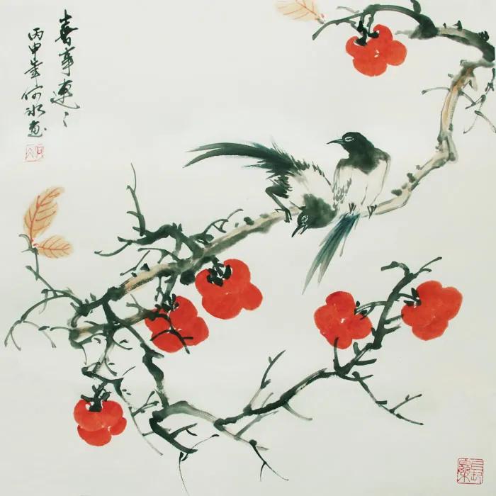 国画梅花与喜鹊的寓意,喜鹊柿子画寓意