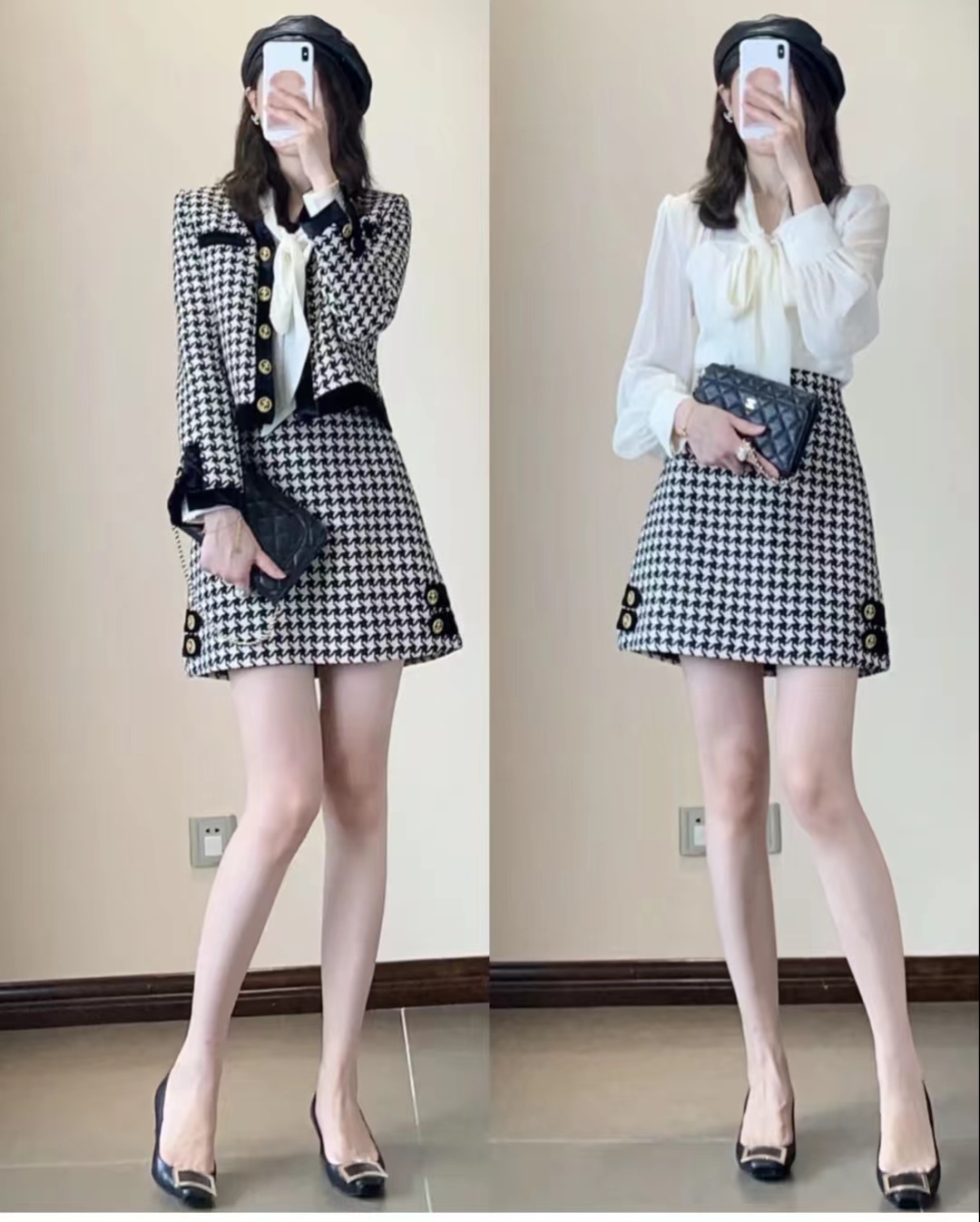 千鸟格半身裙秋冬款a字版30岁,黑白千鸟格半身裙配原绒色毛衫