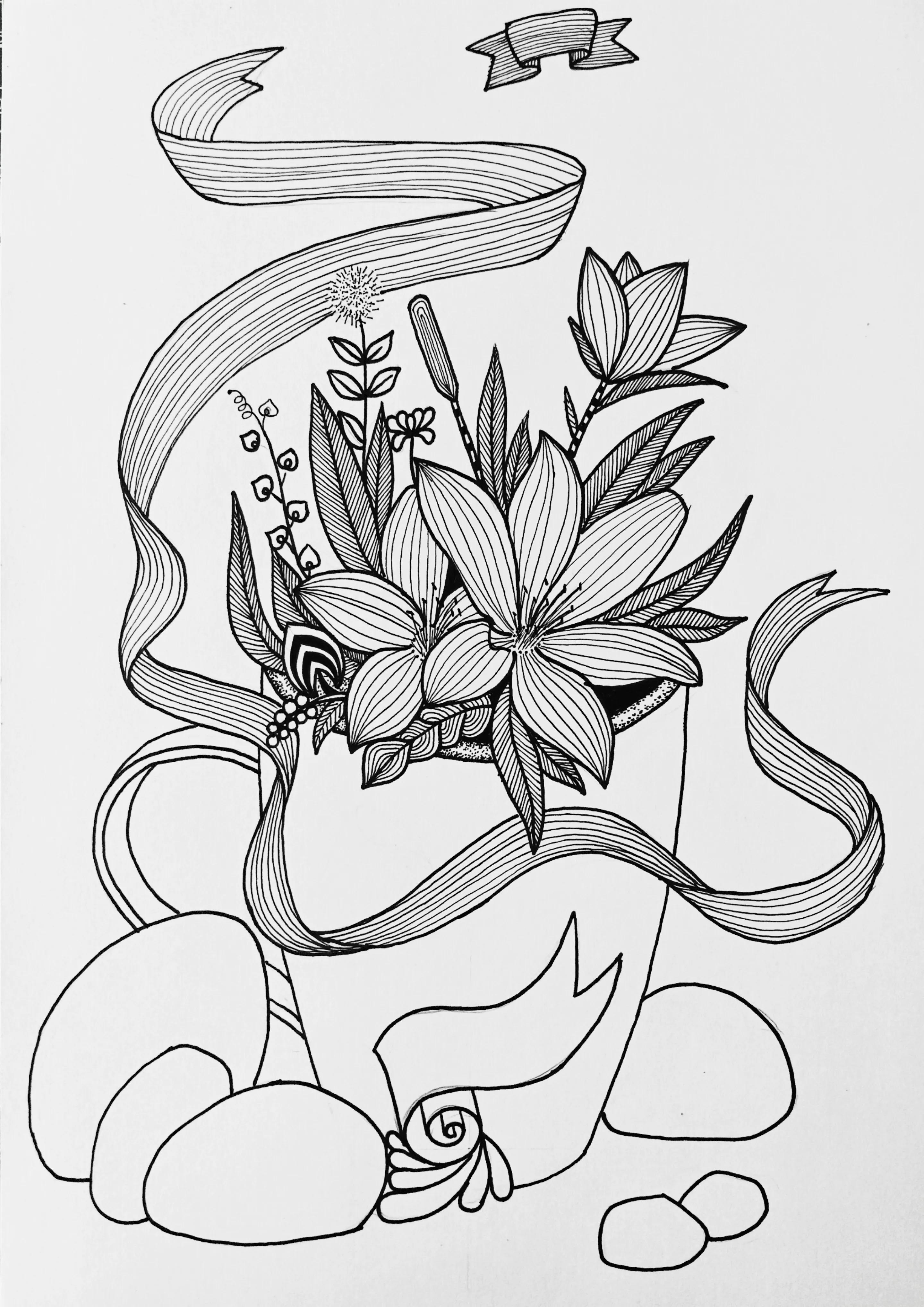 线描画作品花难度中等,高难度黑白线描怎么画教程