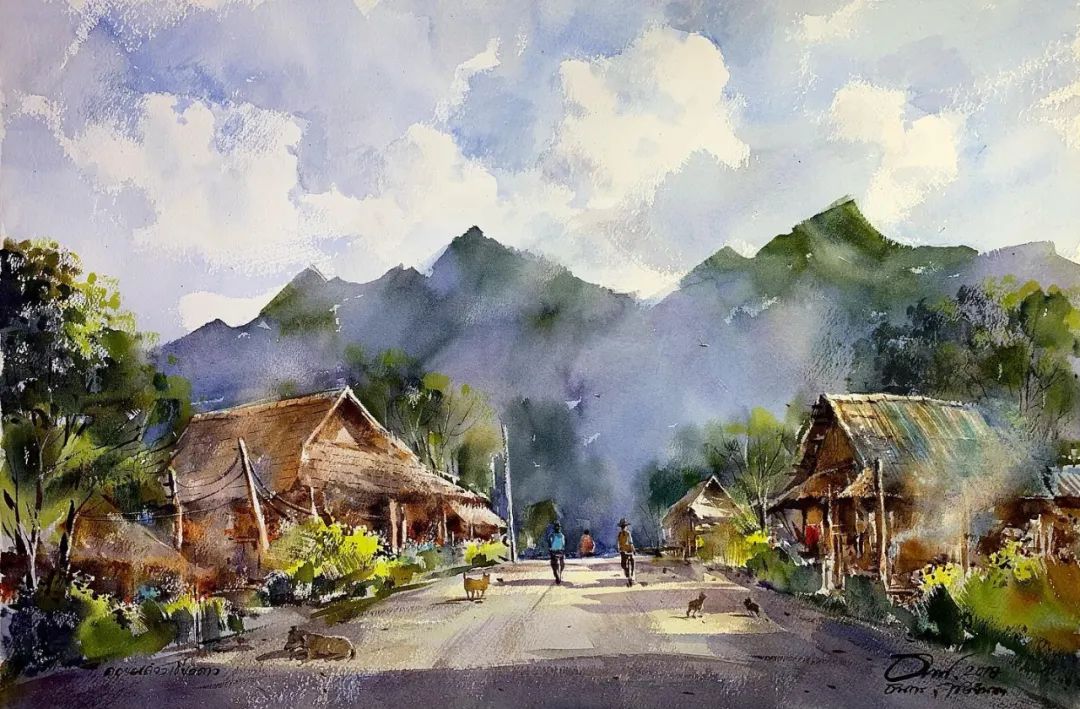 泰国水彩,泰国水彩画家绘画过程