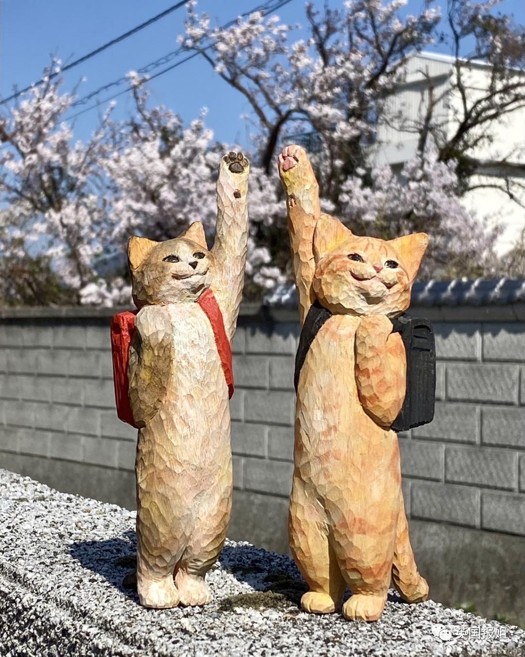 木头雕刻作品猫,手工雕刻木雕小猫