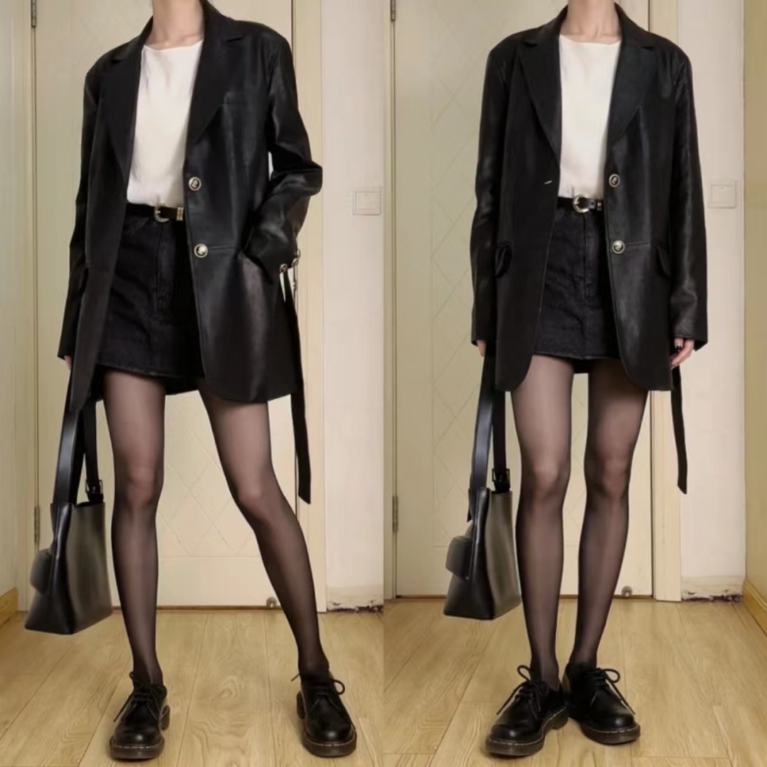 秋冬黑色宽松皮衣两件套,40-50岁洋气皮衣套装